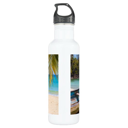 Mooie Tropische strand met een roeiboot Waterfles (Achterkant)