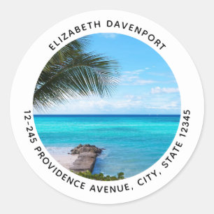 Mooie Tropische Strand Waaier Palmboom Adres Ronde Sticker