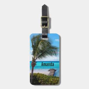 Mooie Tropische Strand Waaierige Palmboom Bagagelabel