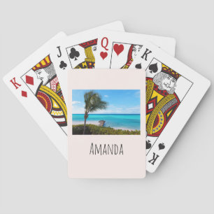 Mooie tropische strand wapperende palmboom pokerkaarten