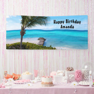 Mooie tropische strand winderige palm verjaardag spandoek