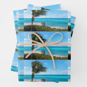 Mooie Tropische Strand Winderige Palmboom Patroon Inpakpapier Vel