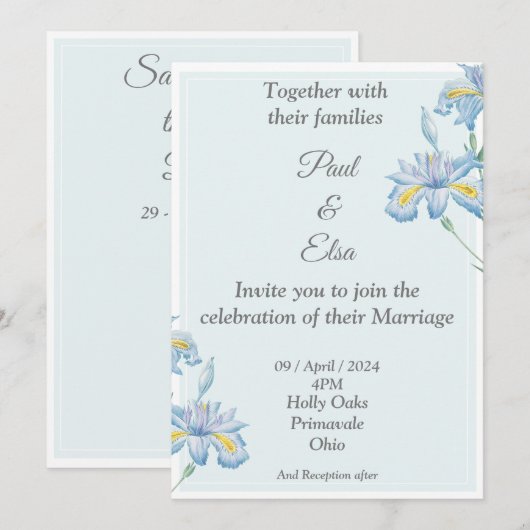 Mooie trouwkaart, blauw, blauwe bloemen kaart (Voorkant / Achterkant)