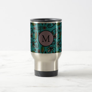Mooie turquoise bloempatroon monogram reisbeker