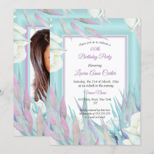 Mooie Turquoise Paarse Bloemige Foto Verjaardagsfe Kaart