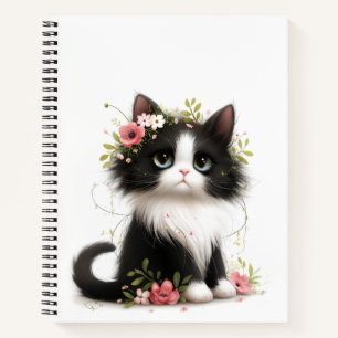 Mooie Tuxedo Kitten met Bloemen Notitieboek