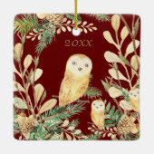 Mooie uilen Rode dennenboom Aquarel Kerst Jaar Keramisch Ornament (Achterkant)