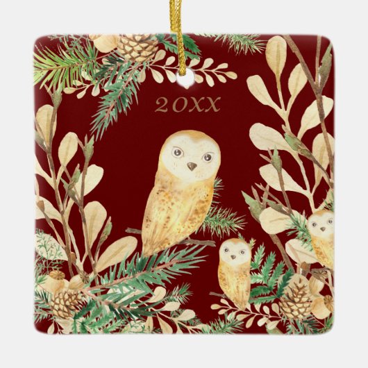 Mooie uilen Rode dennenboom Aquarel Kerst Jaar Keramisch Ornament (Voorkant)