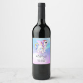 Mooie Unicorn met Rainbow Mane & Tail Party Wijn Etiket (Voorkant)