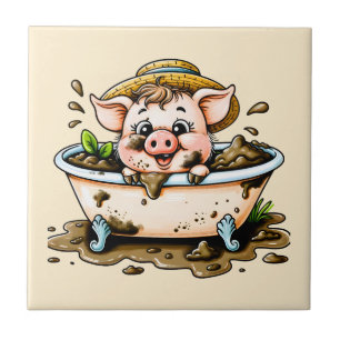 Mooie varken in een modderbad badkamer  tegeltje
