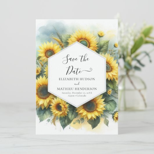 Mooie veld zonnebloem bruiloft save the date (Staand voorkant)
