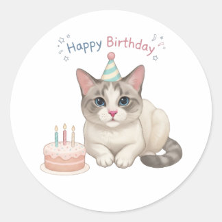 Mooie verjaardagskat met cake en feesthoed ronde sticker