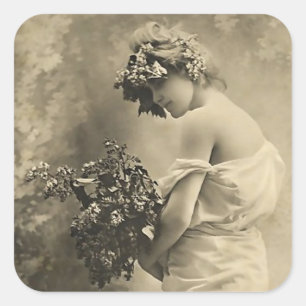 Mooie victoriaanse dame met gesneden bloemen vierkante sticker