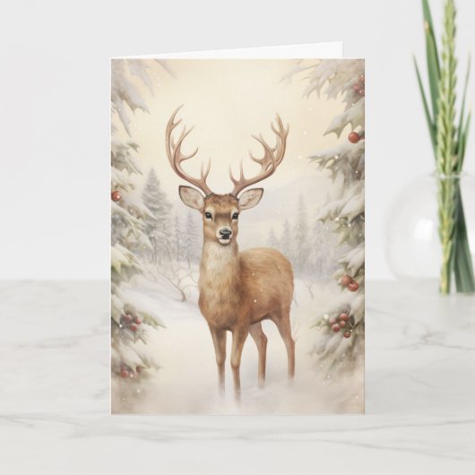Mooie Victoriaanse stijl rendier besneeuwde winter Kaart (Voorkant)