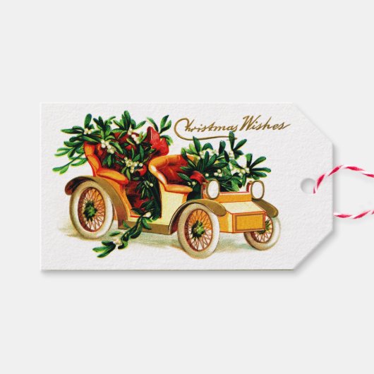 Mooie Vintage Auto Kerstmis Groeten Cadeaulabel (Voorkant (Horizontaal))