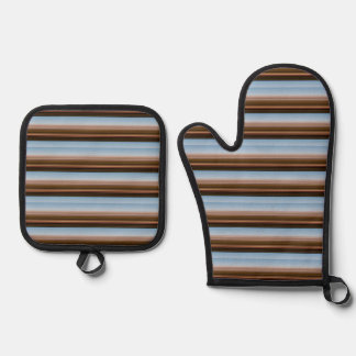 Mooie vintage blauwe bruine strepen ovenwant & pannenlap set