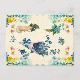 Mooie vintage blauwe en gele bloemendecoupage  briefkaart