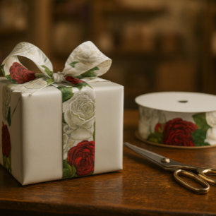Mooie Vintage Rode & Witte Roos Grosgrain Lint
