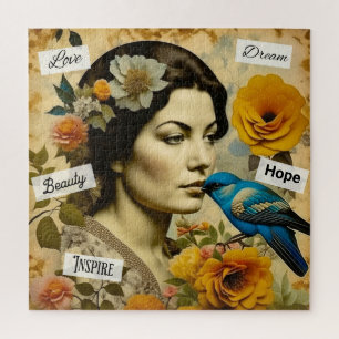 Mooie vintage vrouw met blauwe vogel legpuzzel