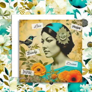 Mooie Vintage Vrouw met Vogel en Bloemen