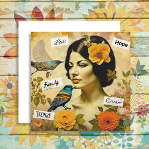 Mooie Vintage Vrouw met Vogels en Bloemen