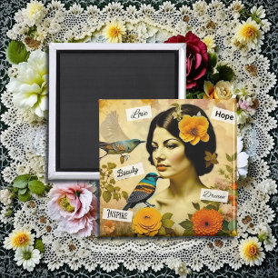 Mooie Vintage Vrouw met Vogels en Bloemen Magneet