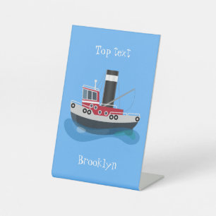 Mooie vissersboot cartoonillustratie reclamebord met voetstuk