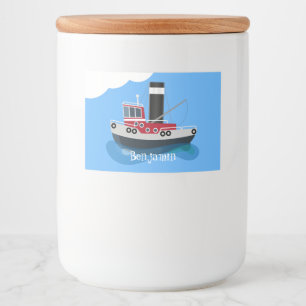Mooie vissersboot cartoonillustratie voedselcontainer etiket