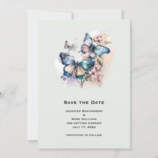 Mooie Vlinders en Bloemen Bruiloft Save The Date (Voorkant)