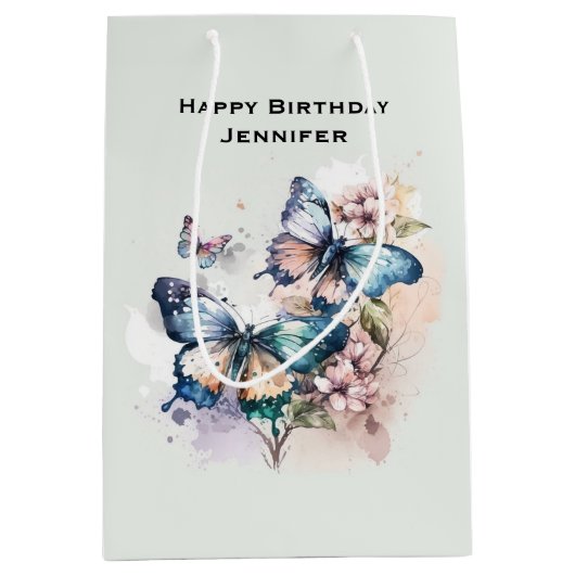 Mooie vlinders en bloemen verjaardag medium cadeauzakje (Voorkant)