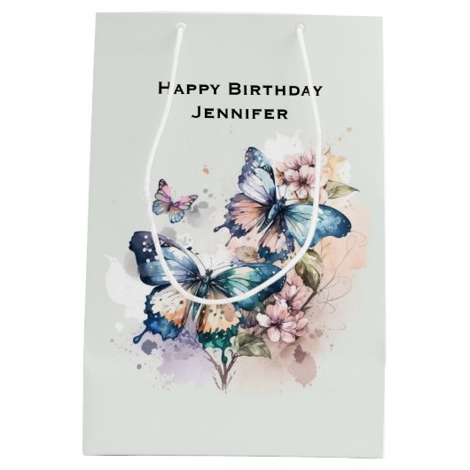 Mooie vlinders en bloemen verjaardag medium cadeauzakje (Achterkant)