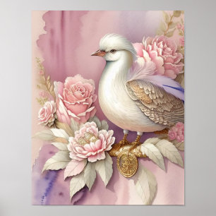 Mooie Vogelprint Roze Ivoorkleurige Veren Rozen Poster