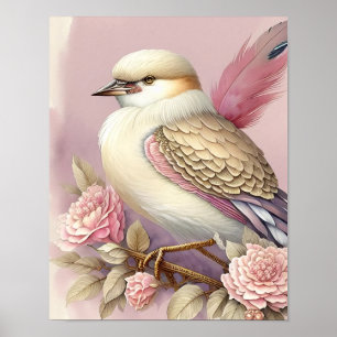 Mooie Vogelprint Roze Ivoorkleurige Veren Rozen Poster
