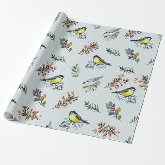 Mooie vogels, botanicals en rode bessen cadeaupapier (Uitgerold)