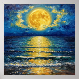 Mooie volle maan weerkaatsend op oceaangolven poster