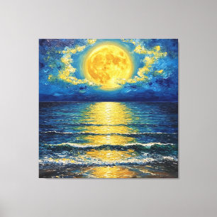 Mooie volle maan weerkaatst op oceaan golven canvas afdruk