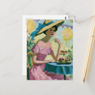 Mooie vrouw aan de cupcake feesttafel collage briefkaart