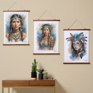 Mooie vrouw boho Native American met sieraden Hangend Wandkleed