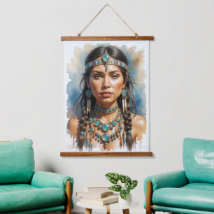 Mooie vrouw boho Native American met sieraden Hangend Wandkleed