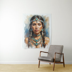 Mooie vrouw Boho Native American met sieraden Wandkleed