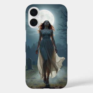 Mooie vrouw die in een maanverlicht kerkhof loopt iPhone 16 hoesje