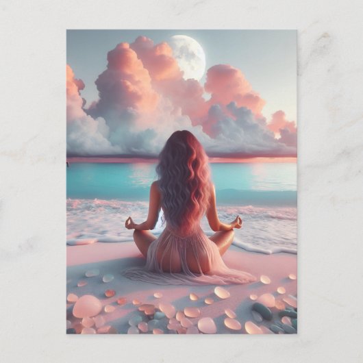 Mooie vrouw die mediteert op strandlaken briefkaart (Voorkant)