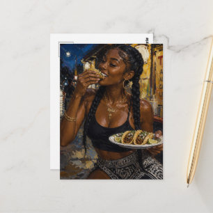Mooie vrouw die taco's eet briefkaart