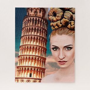 Mooie vrouw die tower leunt van pisa abstracte kun legpuzzel