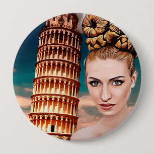 Mooie vrouw die tower leunt van pisa abstracte kun ronde button 4,0 cm