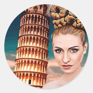 Mooie vrouw die tower leunt van pisa abstracte kun ronde sticker