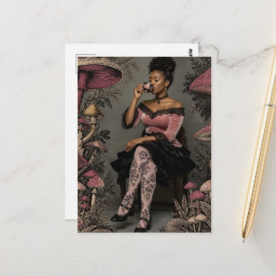 Mooie vrouw drinkt thee Roze paddenstoelen Briefkaart
