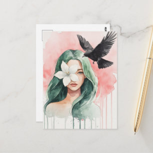 Mooie Vrouw en Zwarte Vogel Briefkaart