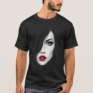 Mooie vrouw gezicht kunst met prachtige rode Li T-shirt