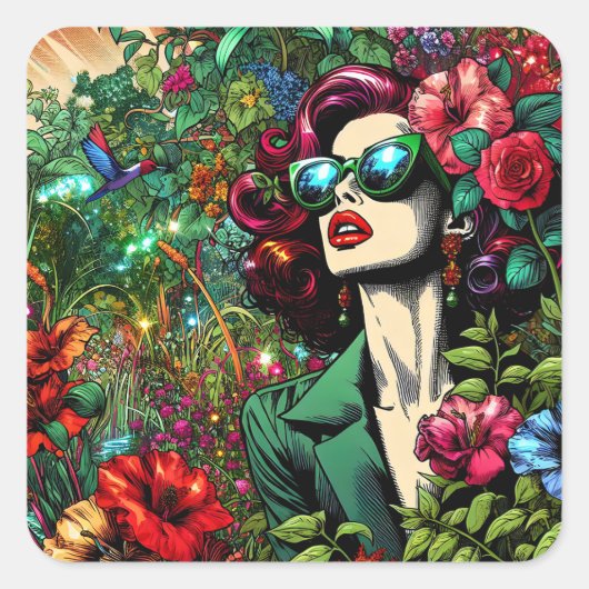 Mooie vrouw in de tuin van de bloemen vierkante sticker (Voorkant)
